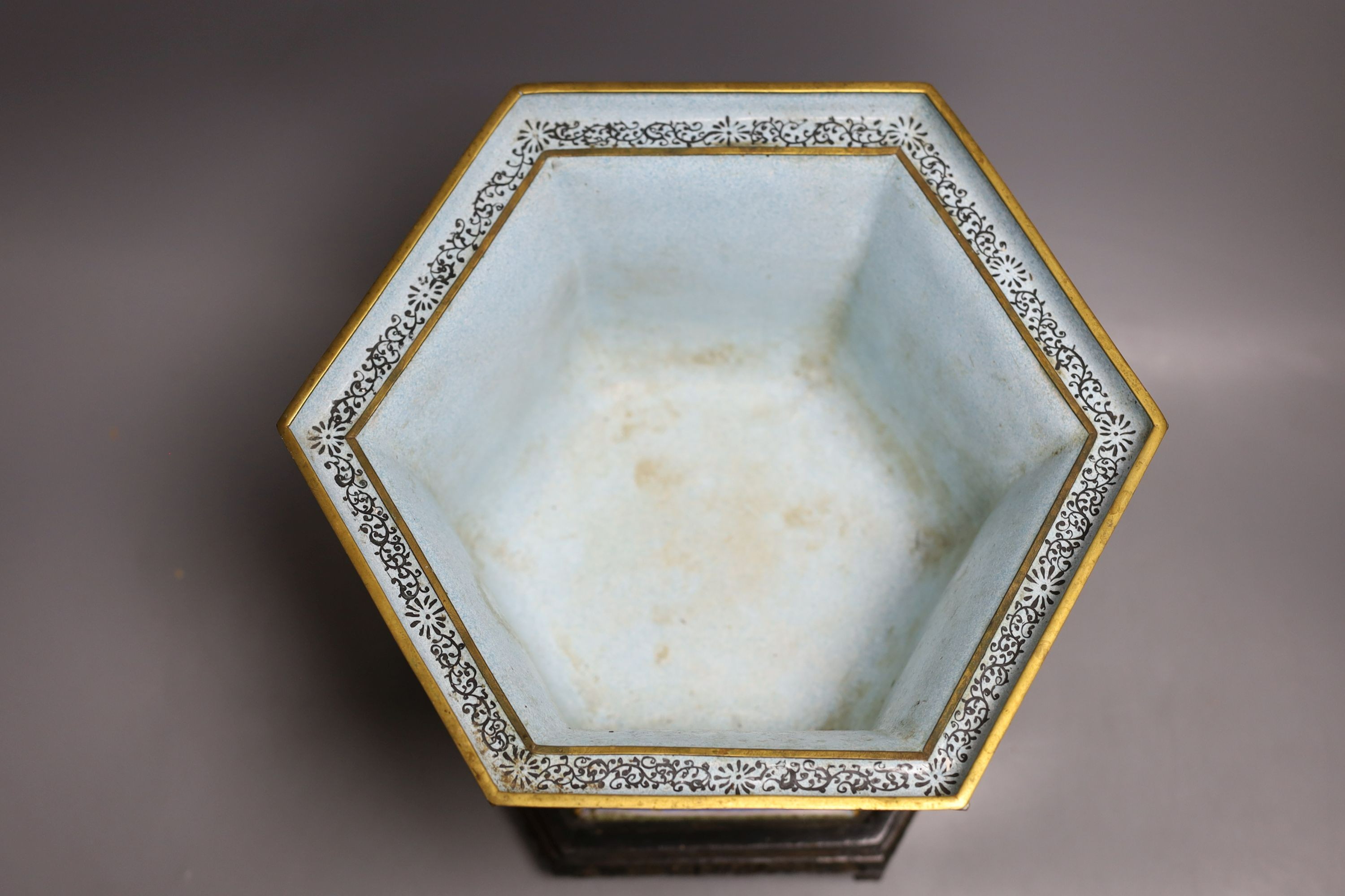 A Chinese Canton enamel jardiniere on hardwood stand, total height 23cm